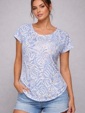 Nicole Miller 100% Linen Blue Floral Bohemian Sleeve Cottagecore Blouse L